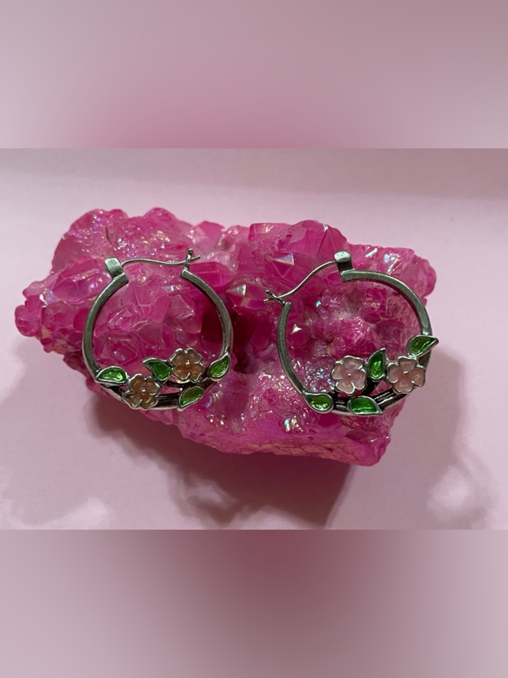 Sterling Silver Enamel Pink Flower Hoop Pierced Earrings #7200